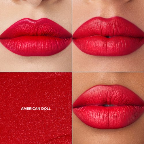 Close-up of lips with bright red lipstick, showing different angles and textures.