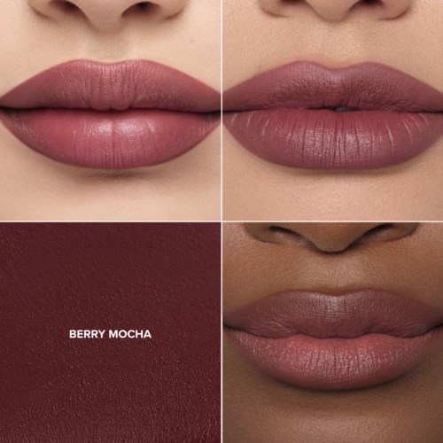 Two images of lips show them with different shades of berry-colored lipstick. A color sample labeled 'Berry Mocha' is also shown.