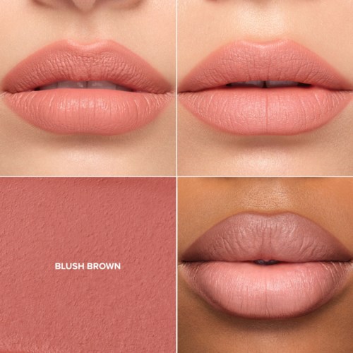 Ein Vergleich von Lippen mit verschiedenen Tönen und Texturen von Nude-Make-up auf unterschiedlichen Hauttönen.