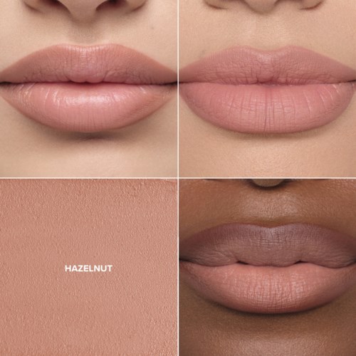 Two lips before and after applying lip makeup, and a color sample labeled 'Hazelnut' with smooth skin.