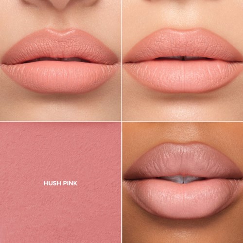 Toont verschillende tinten en stijlen van lip make-up met close-up van lippen en kleurstaal.
