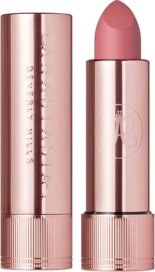 A pink lipstick with a shiny, metallic case and a slightly opened cap showing the lipstick inside.