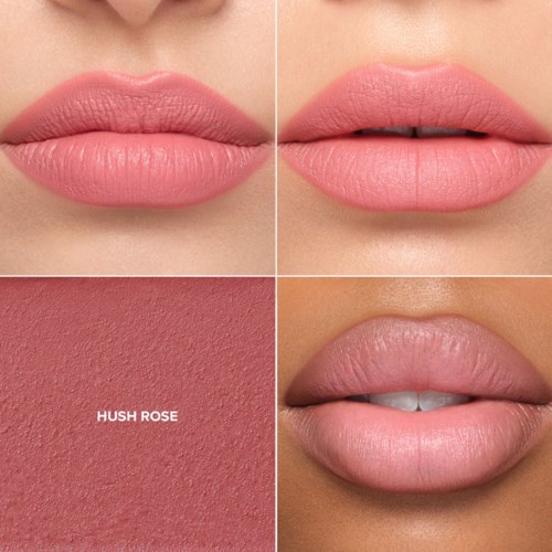 Close-up of pink lipstick on lips, with sample labeled 'Hush Rose' showcasing different shades and textures.
