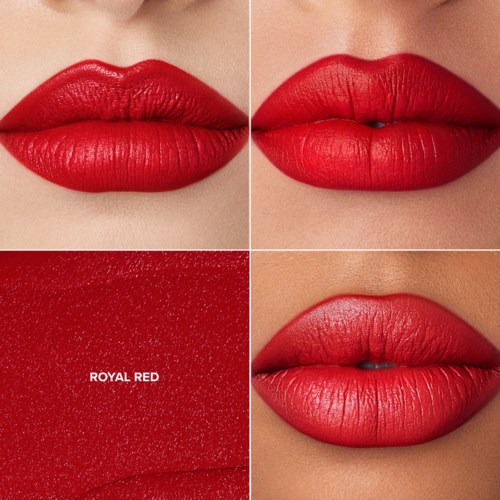 Close-up of red lips with lipstick, showing different angles and a label 'Royal Red.'