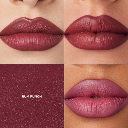 Two sets of lips with different lipstick shades and textures, one matte red and one pink, and a lipstick color sample.