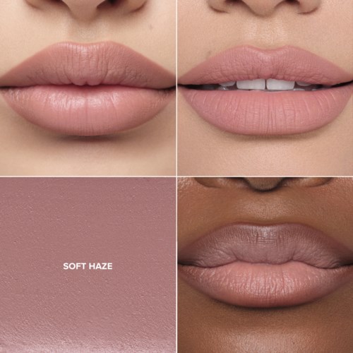 Vier Bilder mit verschiedenen Lippenstiftfarben auf unterschiedlichen Hauttönen und Lippen.