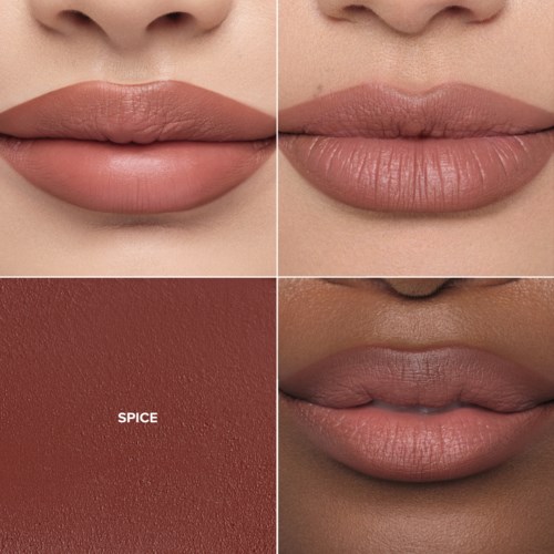 Four images show different lip shades and skin tones, highlighting makeup and pigmentation details.
