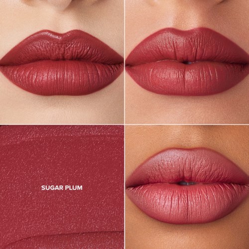 Four close-up shots of lips wearing different shades of lipstick, with a label for one shade, Sugar Plum.