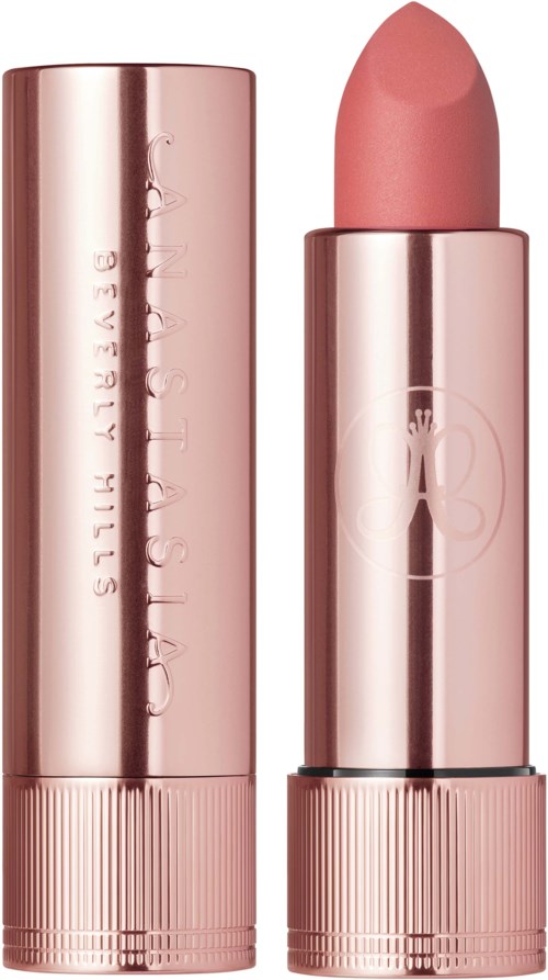 A pink lipstick tube with the lipstick partially out, showing a light pink color.
