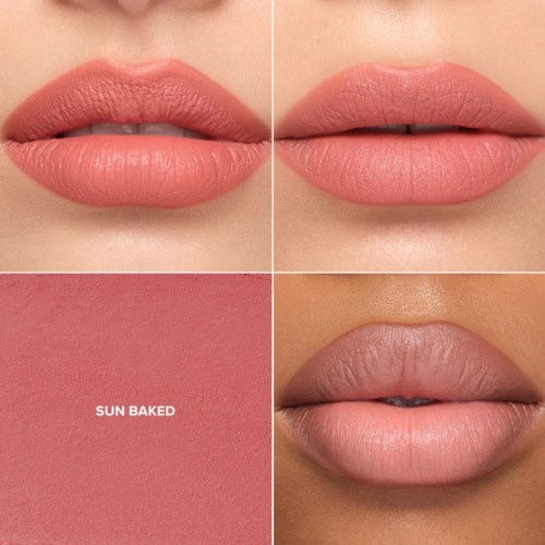 Close-up of lips with different shades of matte lipstick and a product labeled 'Sun Baked'.