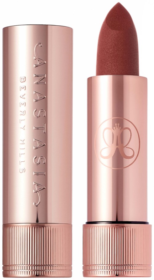A lipstick with a metallic pink case and a brownish-red shade, standing upright next to its cap.