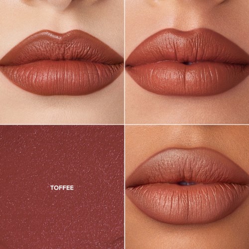 Four close-up images of lips show different shades and textures of lipstick, highlighting the color TOFFEE.
