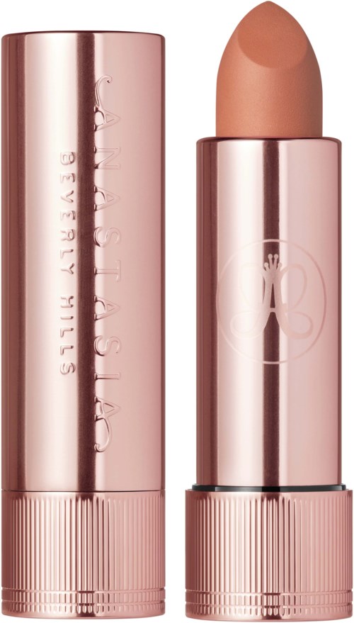 Een roze lippenstift met een neutrale lippenstift, glanzend en elegant ontwerp.