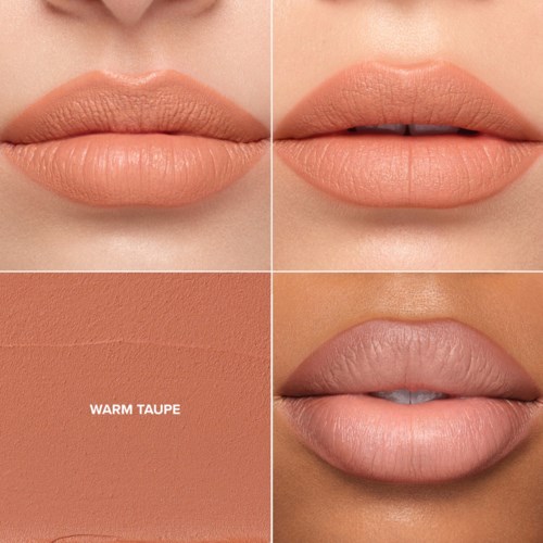Vier foto's van lippen, sommigen met lipstick, anderen zonder, met focus op warme taupe kleur.