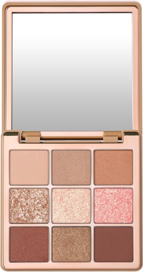 Ein Make-up-Palette mit neun Lidschatten in Hell- bis Dunkeltönen in einer rosa Schachtel mit Spiegel.