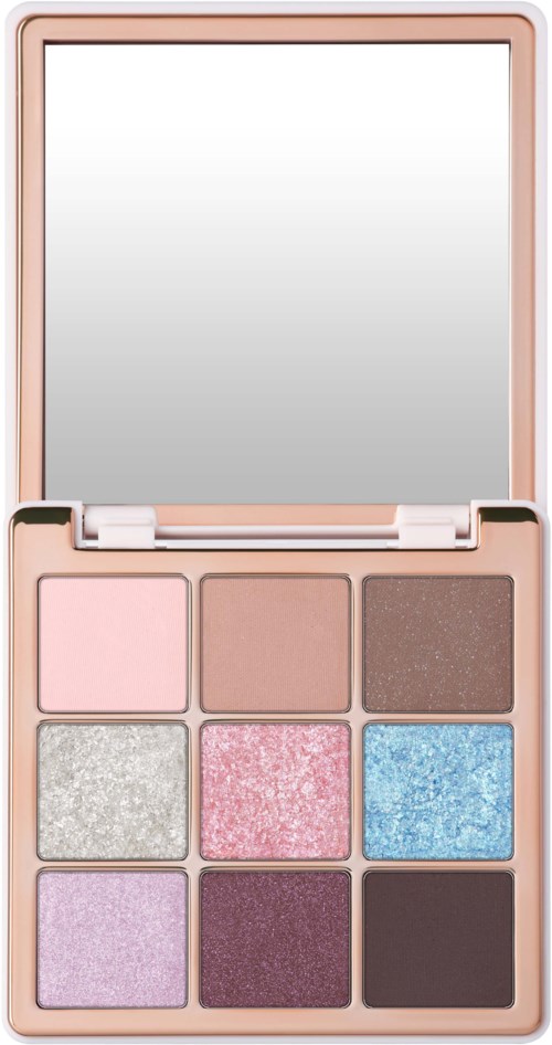 Eine rosa Make-up-Palette mit neun Lidschattenfarben, einem Spiegel oben und einem kleinen Pinsel.