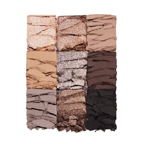 Nine eyeshadow swatches in different shades from light to dark with shimmering and matte textures.