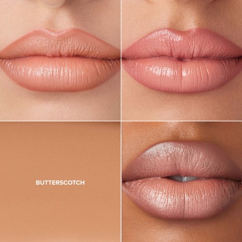 Vier Nahaufnahmen von Lippen mit unterschiedlichen Farben und Glanz von Lippenstift und Lipgloss.