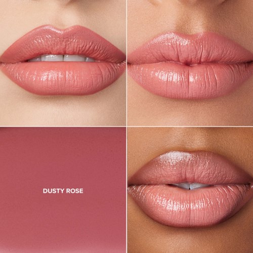 Close-up van lippen met verschillende hoeken en dusty rose lippenkleur.
