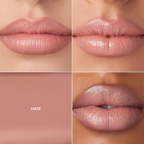 Close-up van vier verschillende liplooks, met verschillende tinten en texturen.