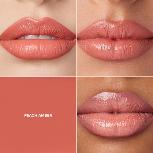 Nahaufnahme von Lippen mit peach amber Lippenstift und glänzendem Finish in drei Bildern.