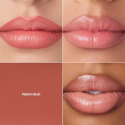 Vier Bilder mit Lippen in Pfirsichfarbe, einige Lippen sind geschlossen und andere leicht geöffnet.