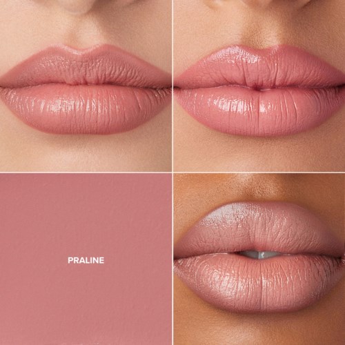 Twee stel lippen met voor en na make-up, roze achtergrond en het woord 'PRALINE' in de hoek.