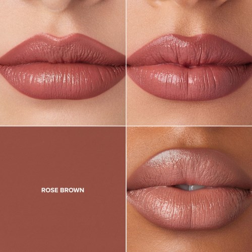 Nahaufnahme von Lippen mit verschiedenen Brauntönen für Lippenstift und eine Farbprobe namens 'Rose Brown'.