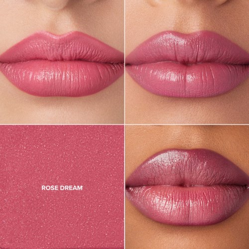 Vier Bilder von Lippen mit pinkem Lippenstift, eines mit glitzernd pinkem Hintergrund und Text 'ROSE DREAM.'