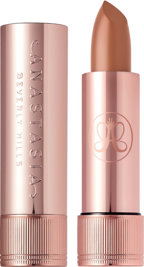 Ein rosa Lippenstift mit Schmetterlingslogo, gezeigt geschlossen und offen.