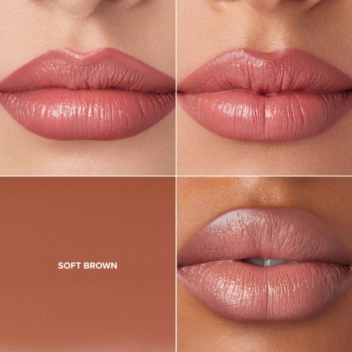 Zwei Lippenpaare in verschiedenen Pink-Tönen, mit der Farbbeschreibung 'SOFT BROWN' unten links.