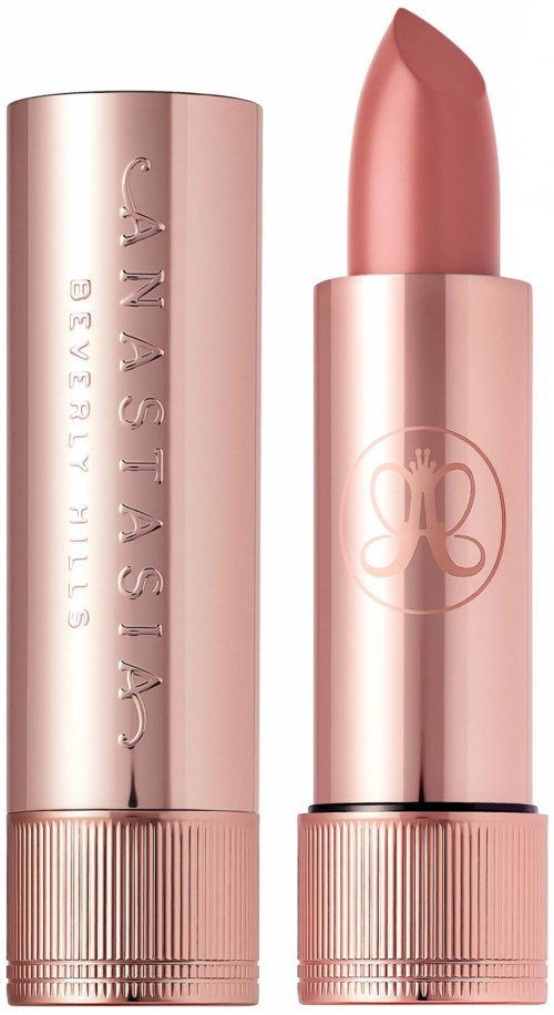 Ein roségoldener Lippenstift mit Schmetterlingslogo und dem Namen 'Beverly Hills'.