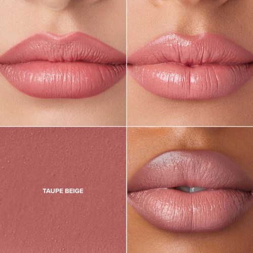 Zwei Nahaufnahmen von Lippen mit Lipgloss, begleitet von einem Taupe-Beige-Farbtest.