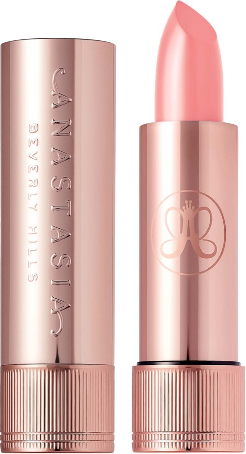 Ein rosa Lippenstift mit einem glänzenden, metallischen Etui, geöffnet, um den hellrosafarbenen Lippenstift zu zeigen.