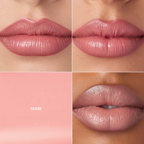Vier Nahaufnahmen von Lippen mit verschiedenen Lippenstiftfarben und Texturen.