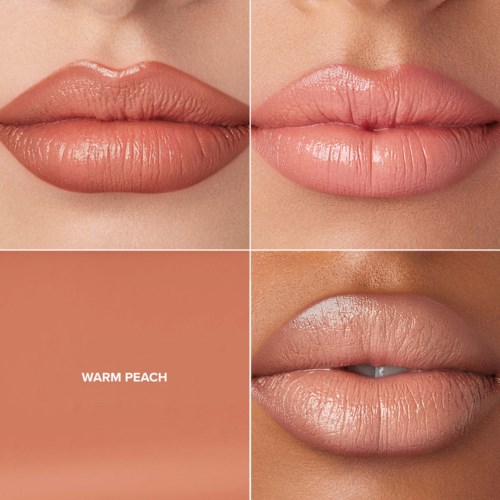 Vier Bilder zeigen verschiedene Lippenstile und eine Nuance Warm Peach Lippe. Lippen wirken natürlich und glänzend.