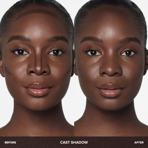 Two women with smooth skin and natural makeup, showing a before and after comparison of cast shadow effects.