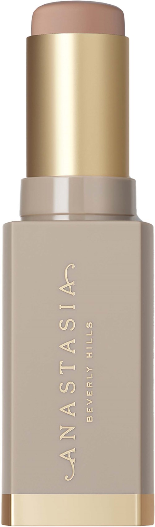 Ein beiger Lippenstift mit goldener und beiger Kappe, beschriftet 'Anastasia Beverly Hills'.