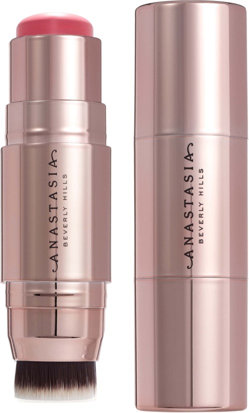 Twee rosegoudkleurige flesjes, een met pomp en borstel, gemarkeerd 'Anastasia Beverly Hills'.