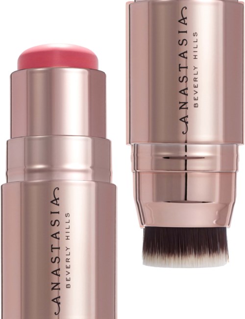 Twee make-upkwasten met roze en zilveren handvat, één staand en één liggend. Ze zijn van Anastasia Beverly Hills.