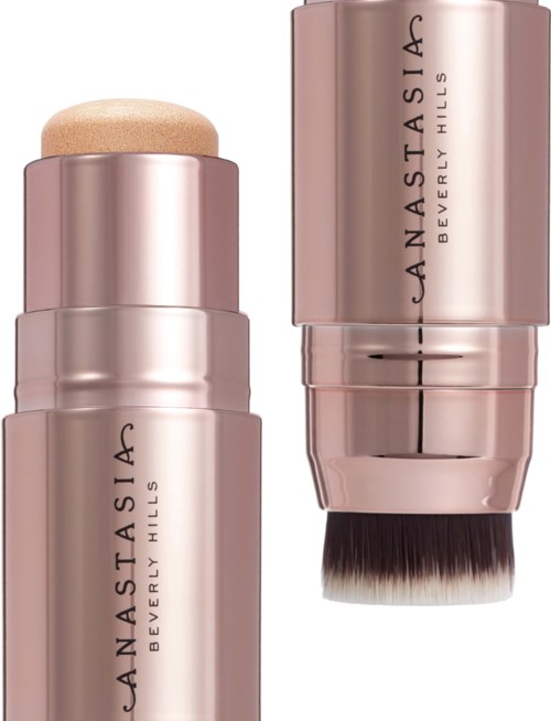 Kaksi roosa kultainen meikkitanko, joissa on mustat ja valkoiset sudit, merkintä Anastasia Beverly Hills.