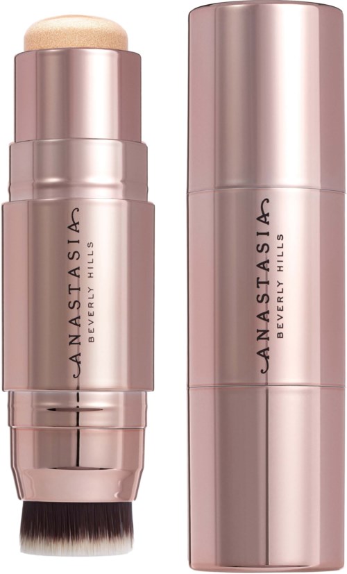 A makeup product with a pump and brush, in a shiny pink container. It has the brand name 'Anastasia Beverly Hills' on it.