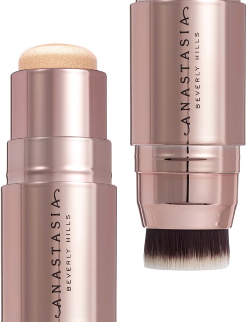A makeup sponge inside a shiny metallic pink container with the brand 'Anastasia Beverly Hills' written on it.