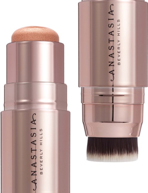 Ein Make-up-Pinsel mit runder beiger Spitze und einem roségoldenen Griff mit dem Markennamen Anastasia Beverly Hills.