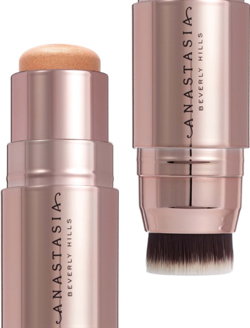 Metallinen vaaleanpunainen meikkipuna, jossa on 'Anastasia Beverly Hills' -logo ja harja kahvalla.