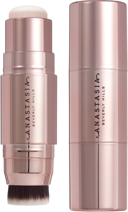 Zwei roségoldene Kosmetikprodukte, eins mit Pumpe und Pinsel, mit der Aufschrift 'Anastasia Beverly Hills'.