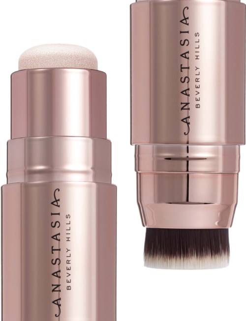 Ein Make-up-Pinselhalter mit einem Concealer- oder Foundation-Stick darin, beide in roségoldfarbenen Behältern mit "Anastasia Beverly Hills" beschriftet.