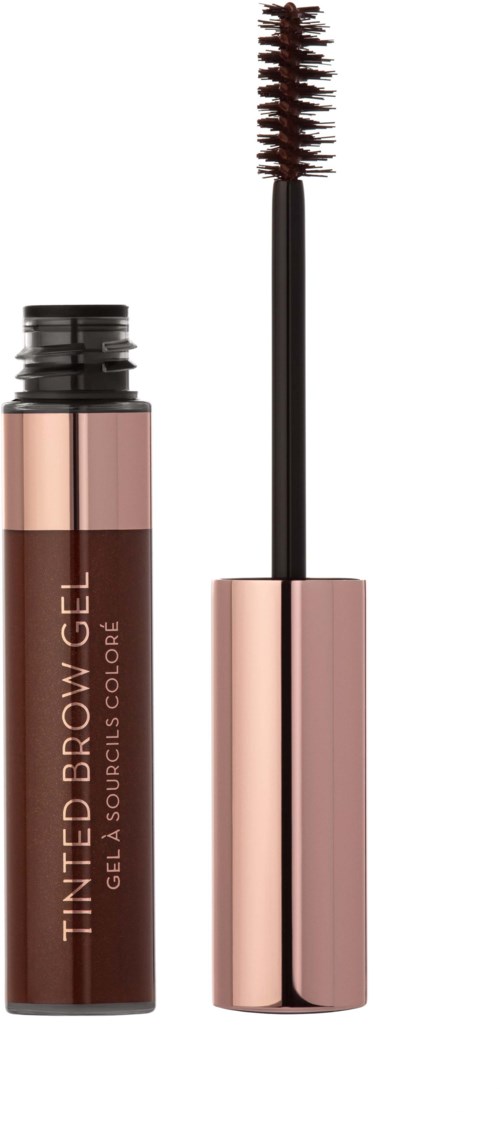 Kleine Tube braune Augenbrauengel mit Bürstchen, beschriftet "TINTED BROW GEL" in Goldschrift.