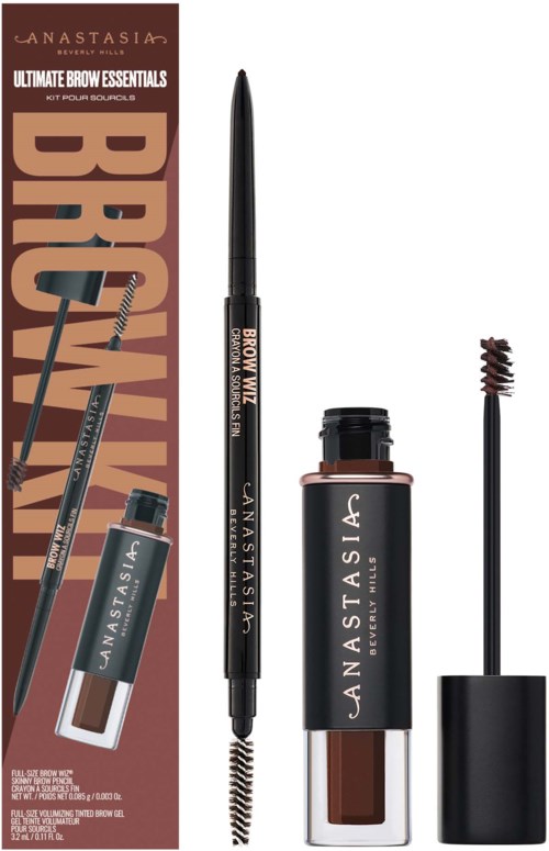 Ein Set Augenbrauen-Make-up-Produkte, darunter Bleistift, Gel und Bürste, mit Verpackung der Marke Anastasia Beverly Hills.