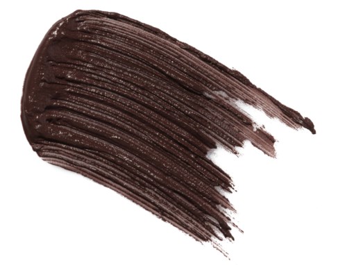 A dark brown lipstick swatch with streaks and a glossy finish.